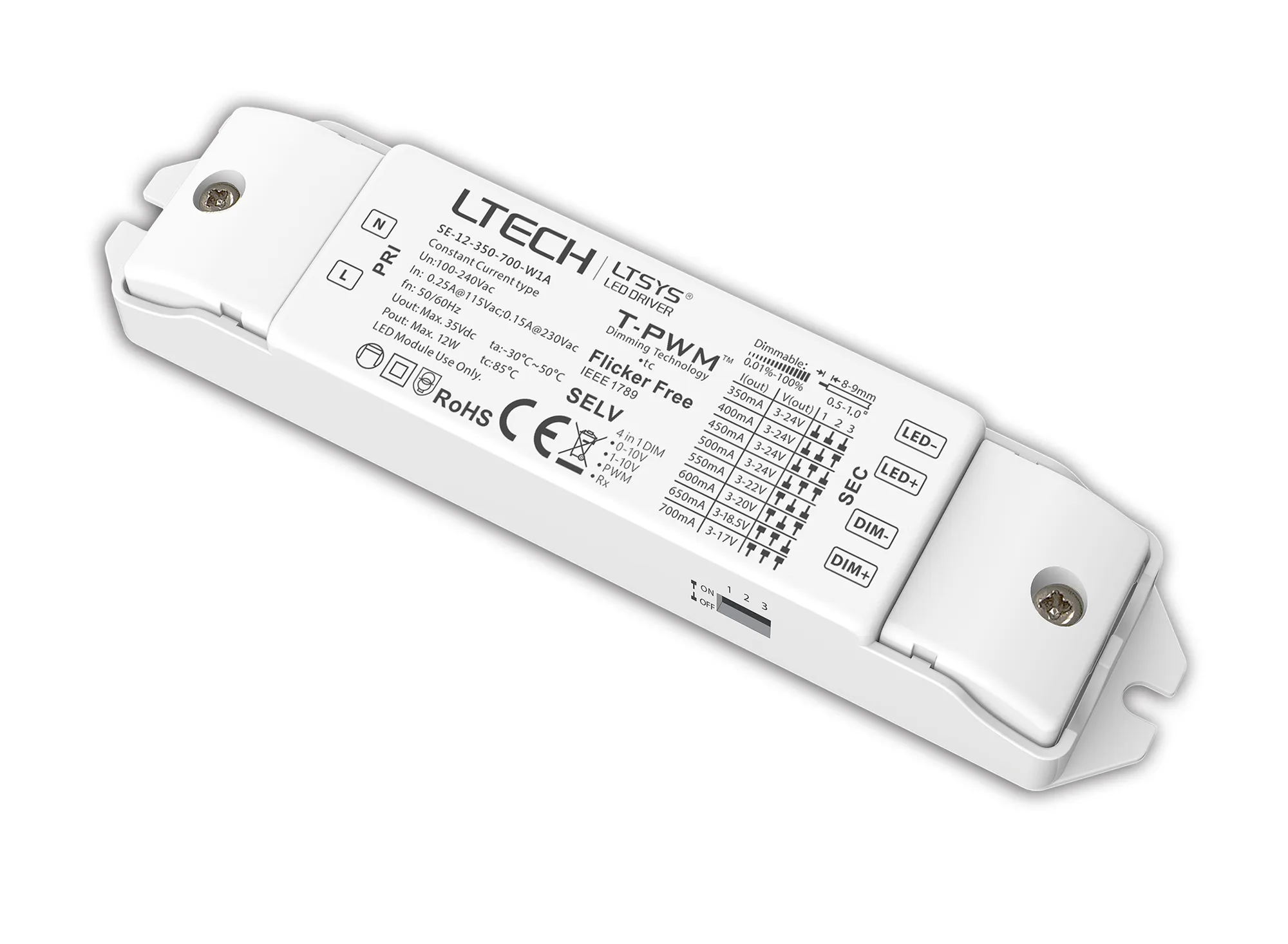 SE-12-350-700-W1A  0-10V/1-10V/10V PWM/RX, 0-100% Dim, ConstantVoltage 12W 3-24Vdc, 350-700mA, 100-240Vac, IP20.